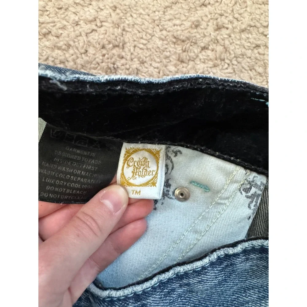 Crown Holder Straight Jeans Men 34 Blue Denim Cotton Beaded Embroidered Mid Rise